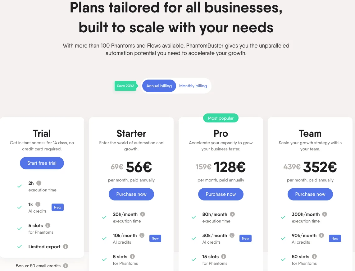 PhantomBuster’s Pricing