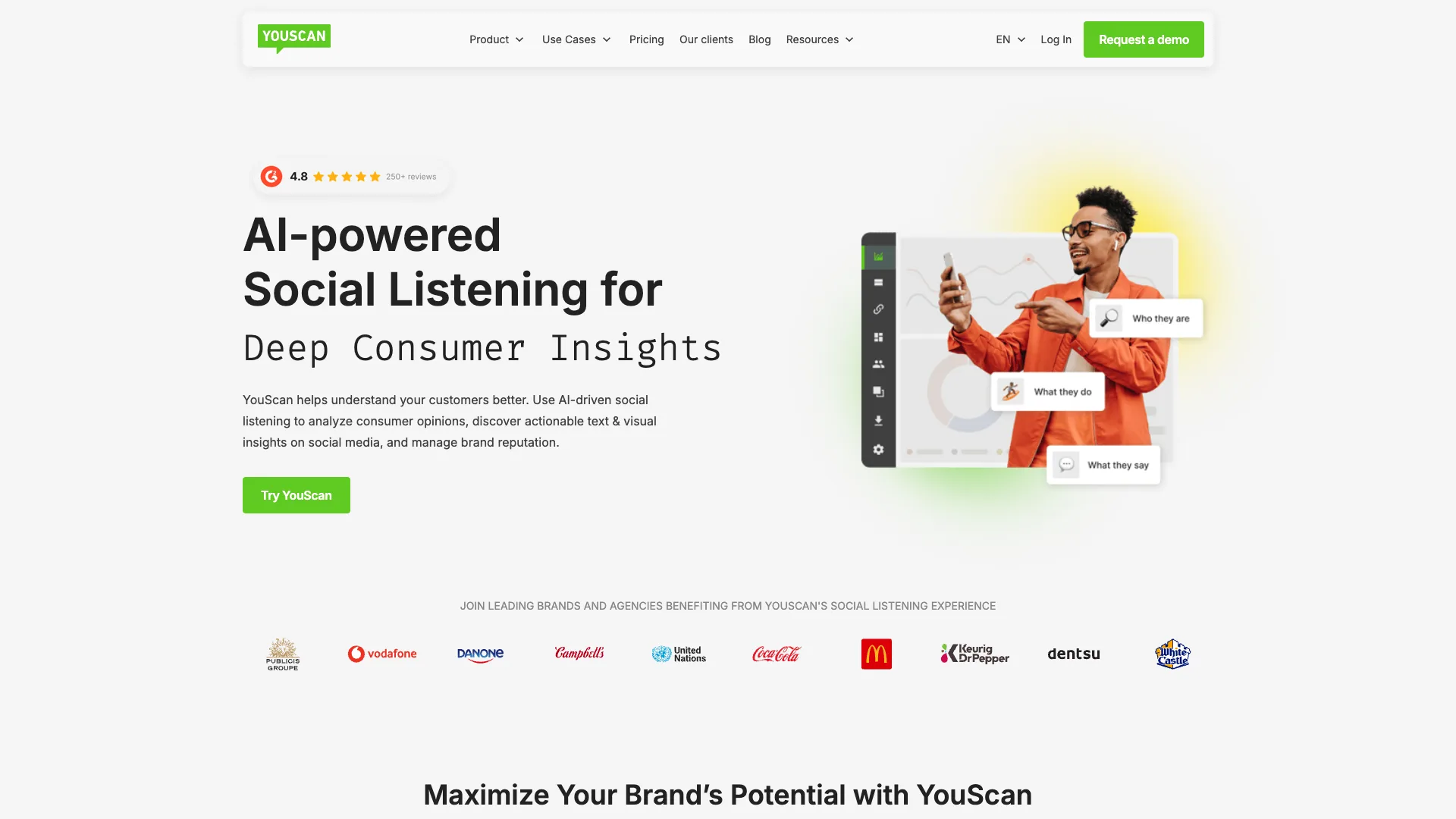 YouScan homepage - AI-powered social listening with visual insights