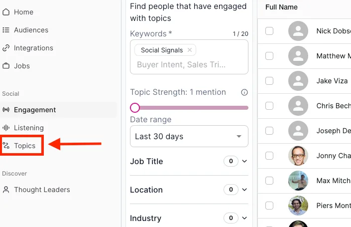 Find leads on LinkedIn who engage with specific topics