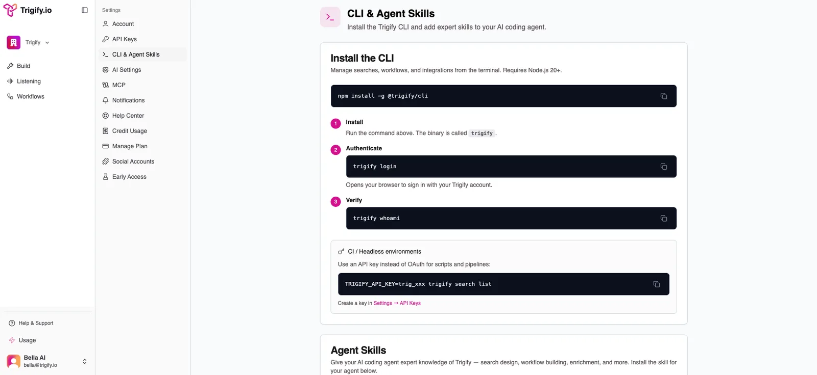 Trigify CLI and Agent Skills settings page showing npm install command and setup steps
