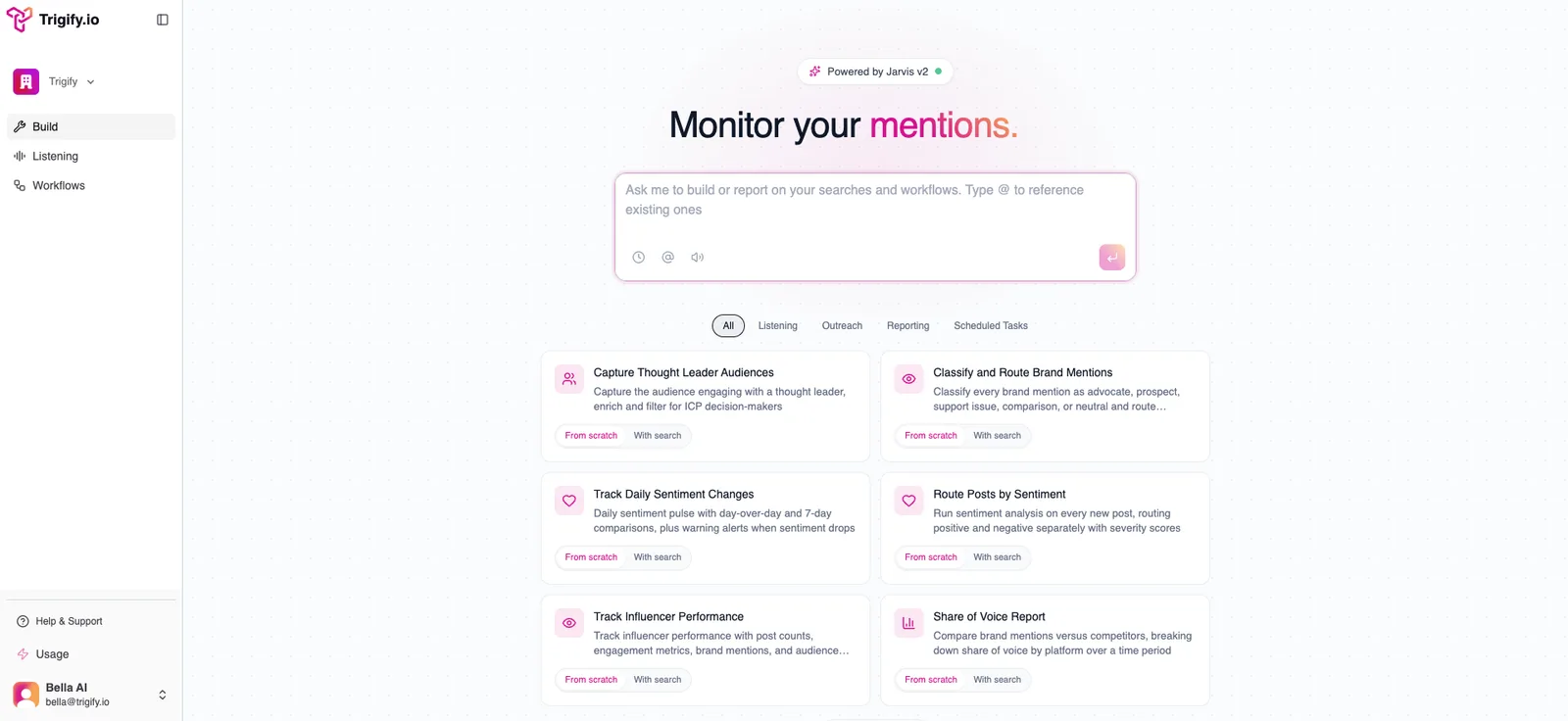 Trigify app build screen with agent workspace and automation templates