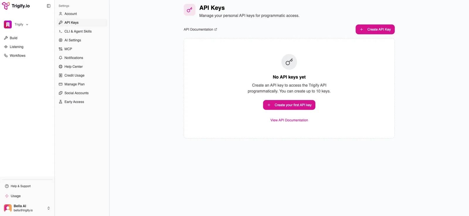 Trigify API Keys settings page showing where users create their first API key